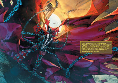 A panel from Spawn (1993) #362. Spawn's arms are spread, flinging his cape out wide. The caption reads: "The symbiote's crimson flesh flares like a dragon with a dozen wings, effectively blotting out any light thus creating its own massive shadowed base."